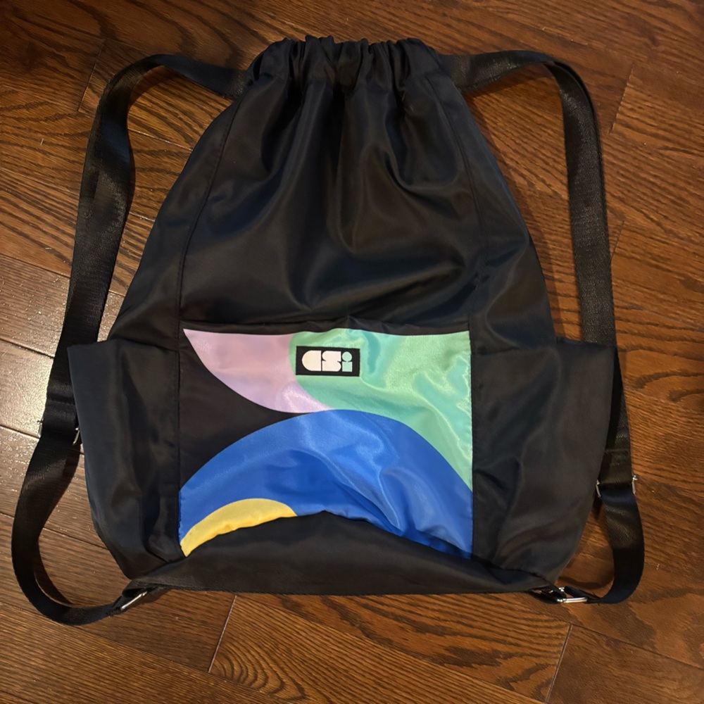 Black Drawstring Backpack with Colorful Pocket - Picture 8 of 8